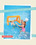 Children playing with a pool volleyball set in a pool, with promotional text overlay.