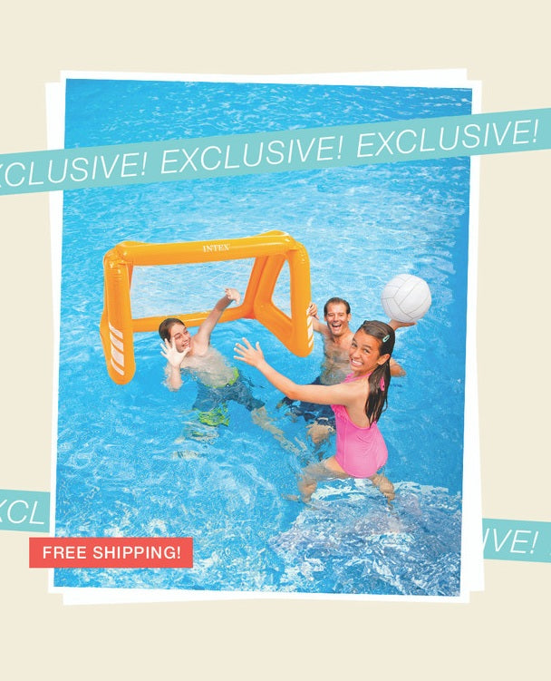 Children playing with a pool volleyball set in a pool, with promotional text overlay.