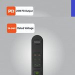 Power strip with PORODO branding on a gray background