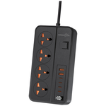 Black power strip with multiple sockets and USB ports on a white background