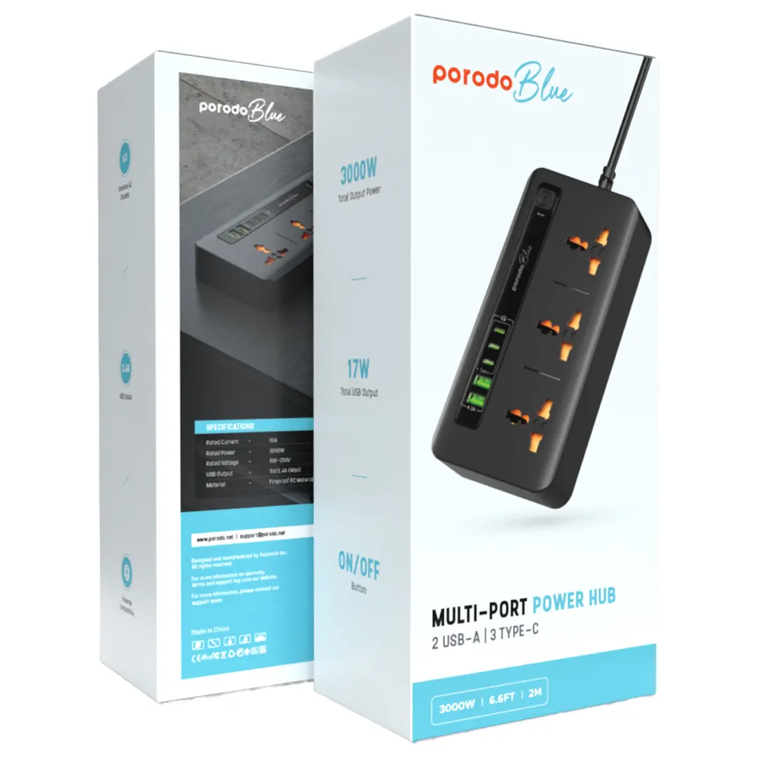 Porodo Blues multi-port power hub with packaging on a white background