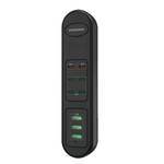 Black power strip with multiple outlets and USB ports on a white background