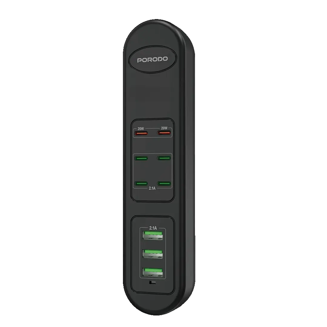 Black power strip with multiple outlets and USB ports on a white background