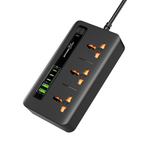 Black power strip with multiple outlets on a white background