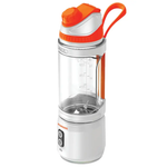 Portable blender with orange lid and handle on a white background