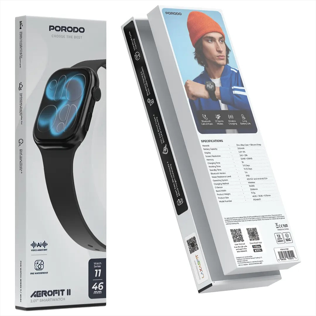 Porodo AeroFit II 2.01" Smart Watch with Bluetooth Calling, Health Monitoring & Wireless Charging - Black