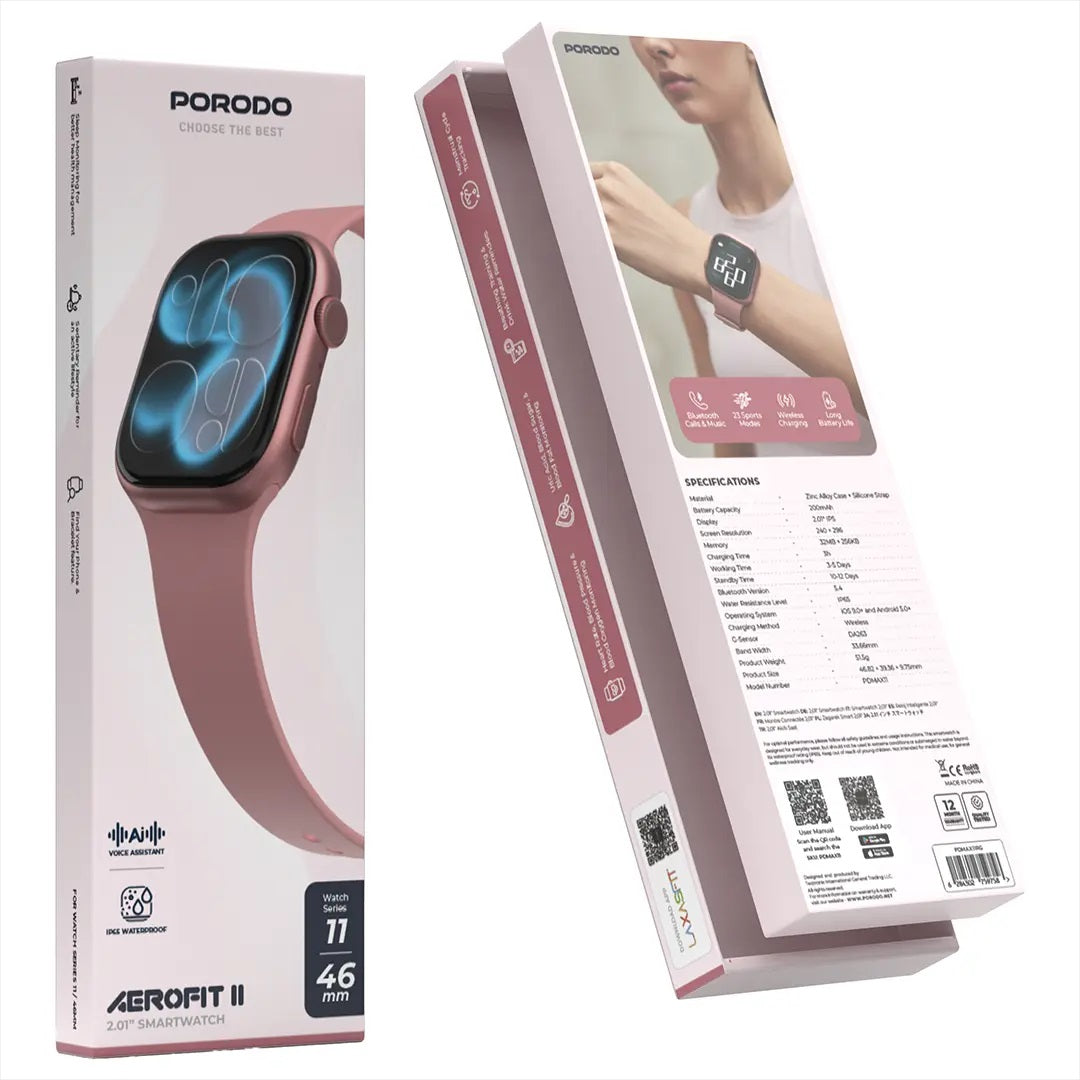 Porodo AeroFit II 2.01" Smart Watch with Bluetooth Calling, Health Monitoring & Wireless Charging - Rose Gold