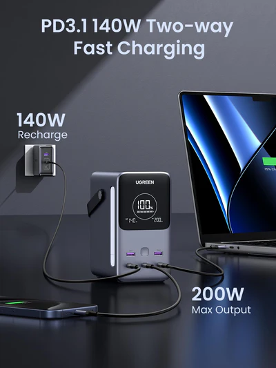Ugreen power adapter with digital display charging a laptop and phone on a dark surface.