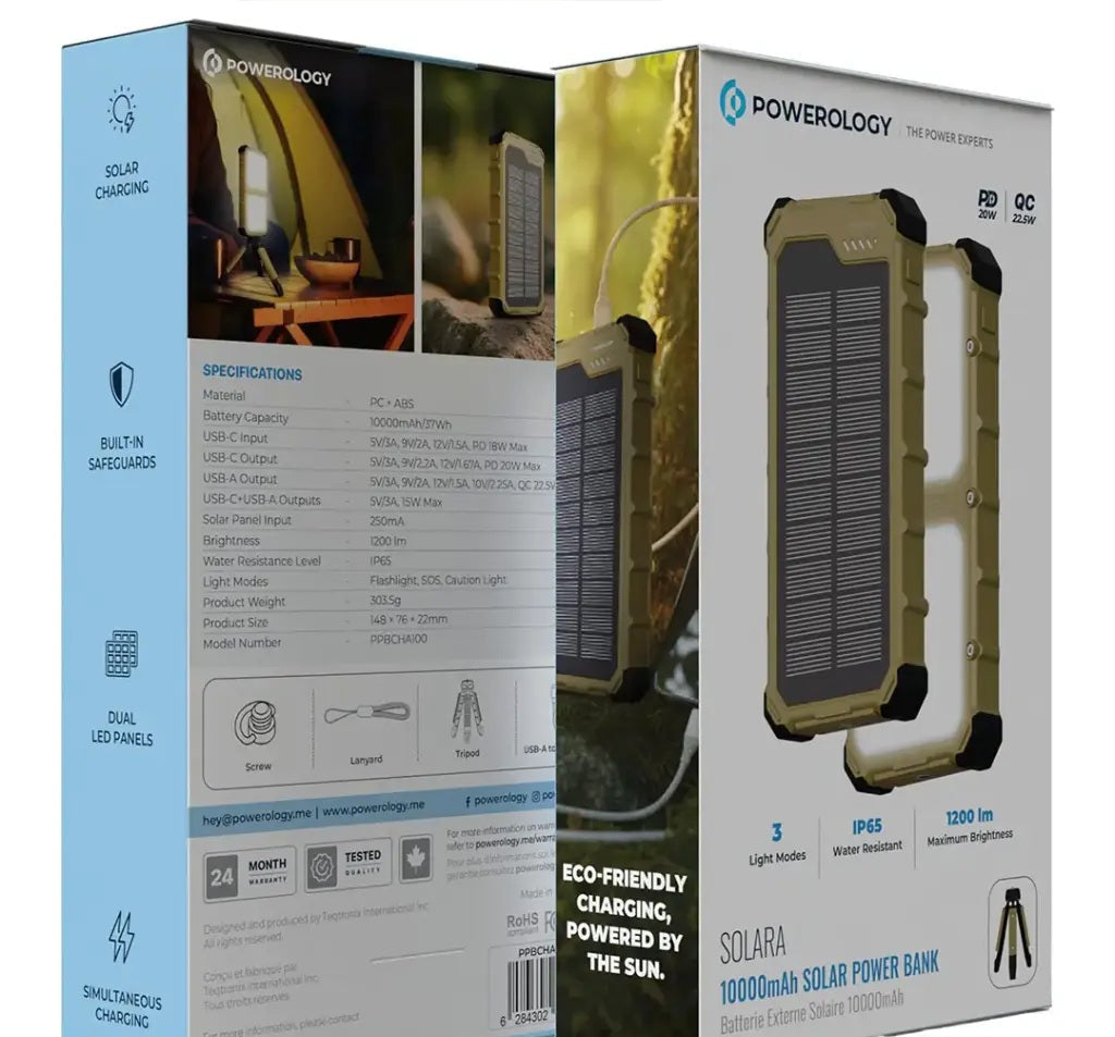 Powerology solar power bank packaging with specifications and features.