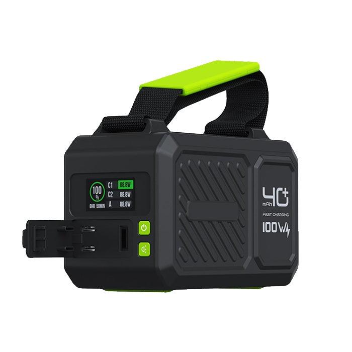 Black and green battery pack with digital display on a white background
