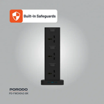 Black power strip with multiple outlets and USB ports on a gray background, featuring PORODO branding.