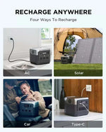 Portable power station with text 'Recharge Anywhere' and four charging methods shown.