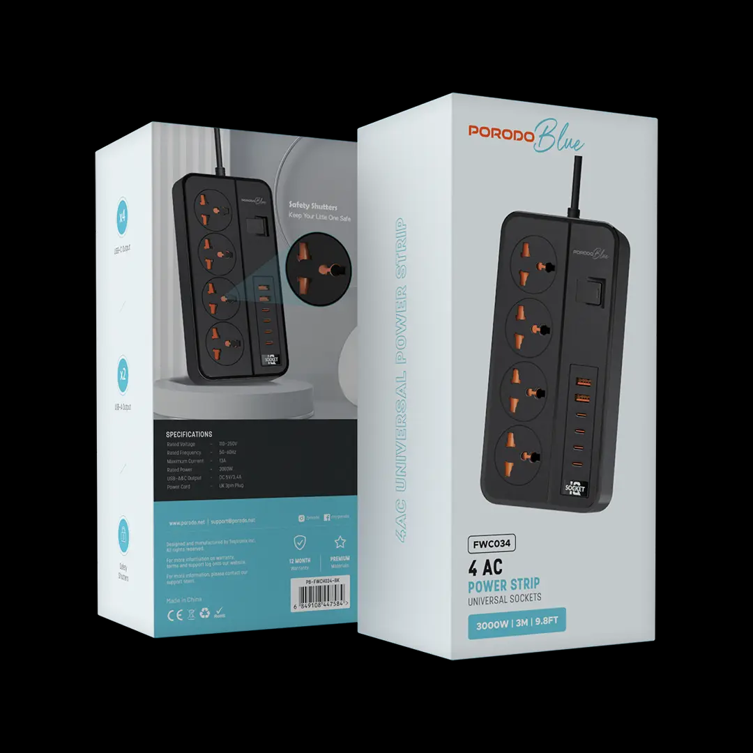 Two packaging boxes for a power strip with visible branding and product details.