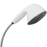 White shower head with flexible hose on a white background