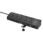 Black power strip with multiple outlets and USB ports on a white background