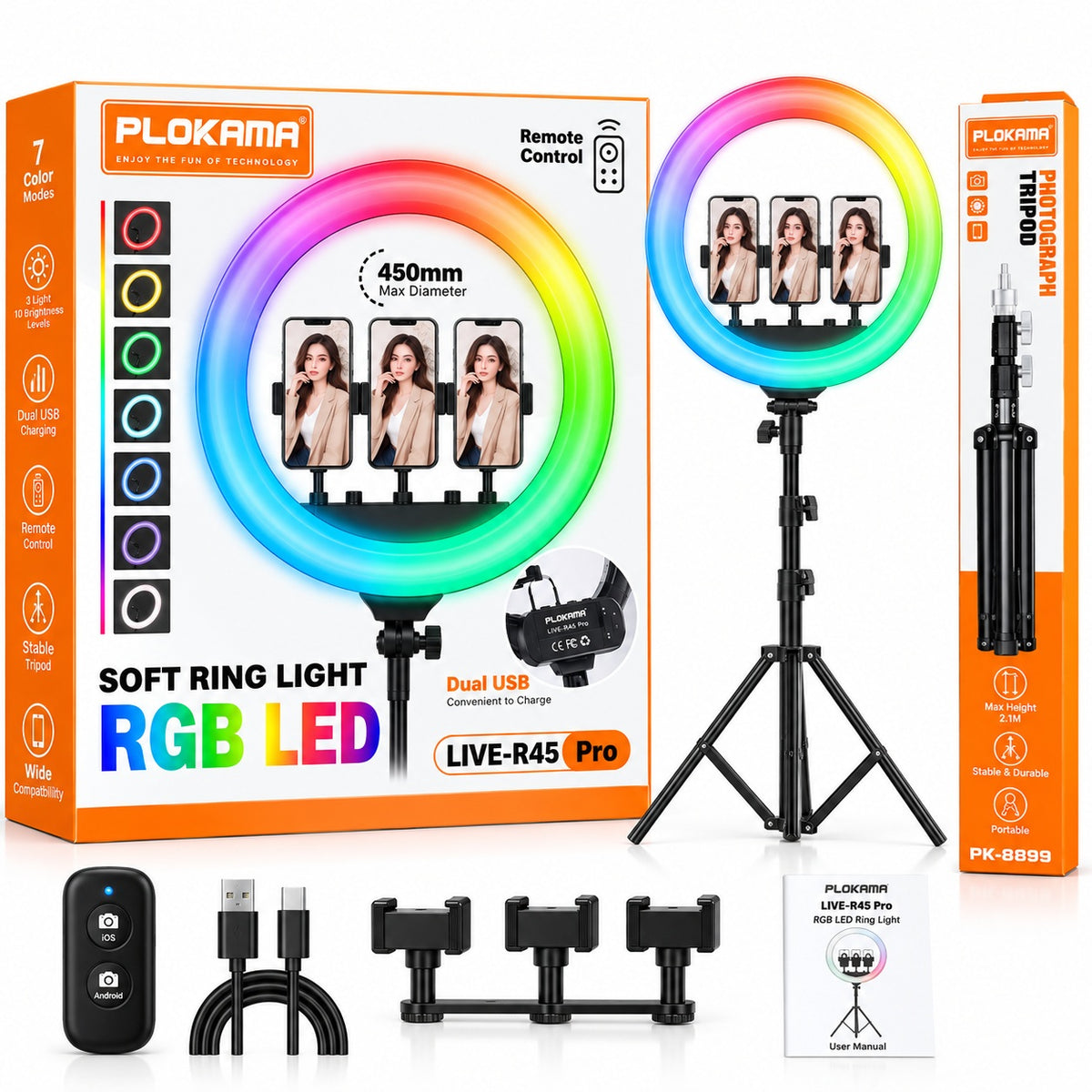 PLOKAMA LIVE-R45 Pro 450mm RGB LED Ring Light with Tripod