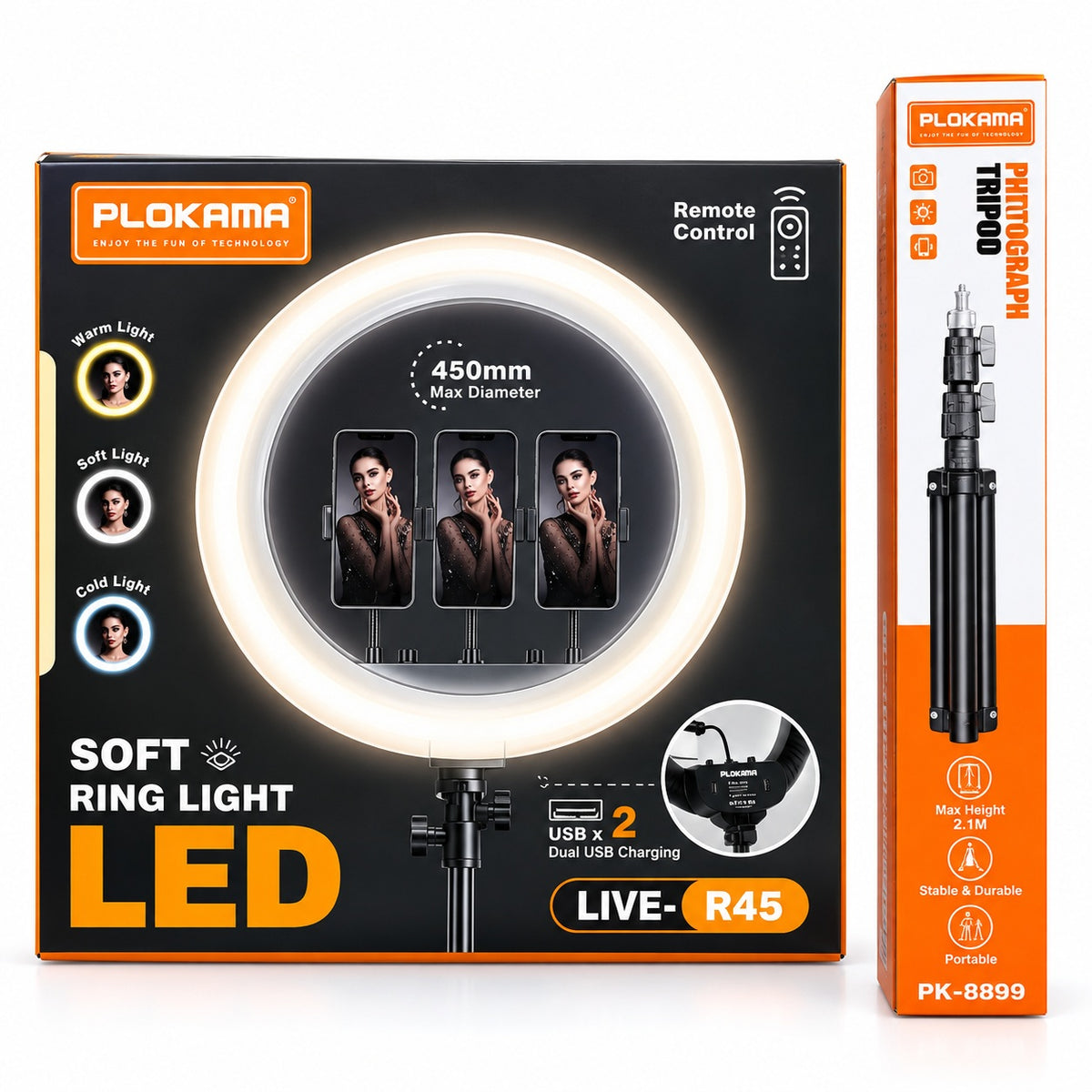 PLOKAMA LIVE-R45 450mm LED Ring Light with Tripod & Remote