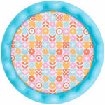 Inflatable pool with colorful floral pattern on a white background