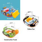 Three inflatable toy vehicles with dimensions labeled on a white background