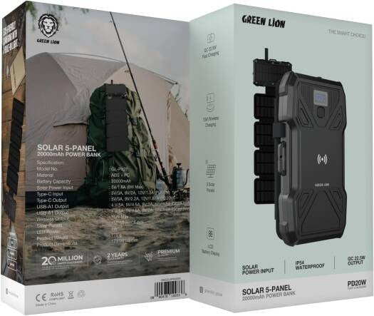 Green Lion Solar 5-Panel 20000mAh Power Bank PD20W - Black