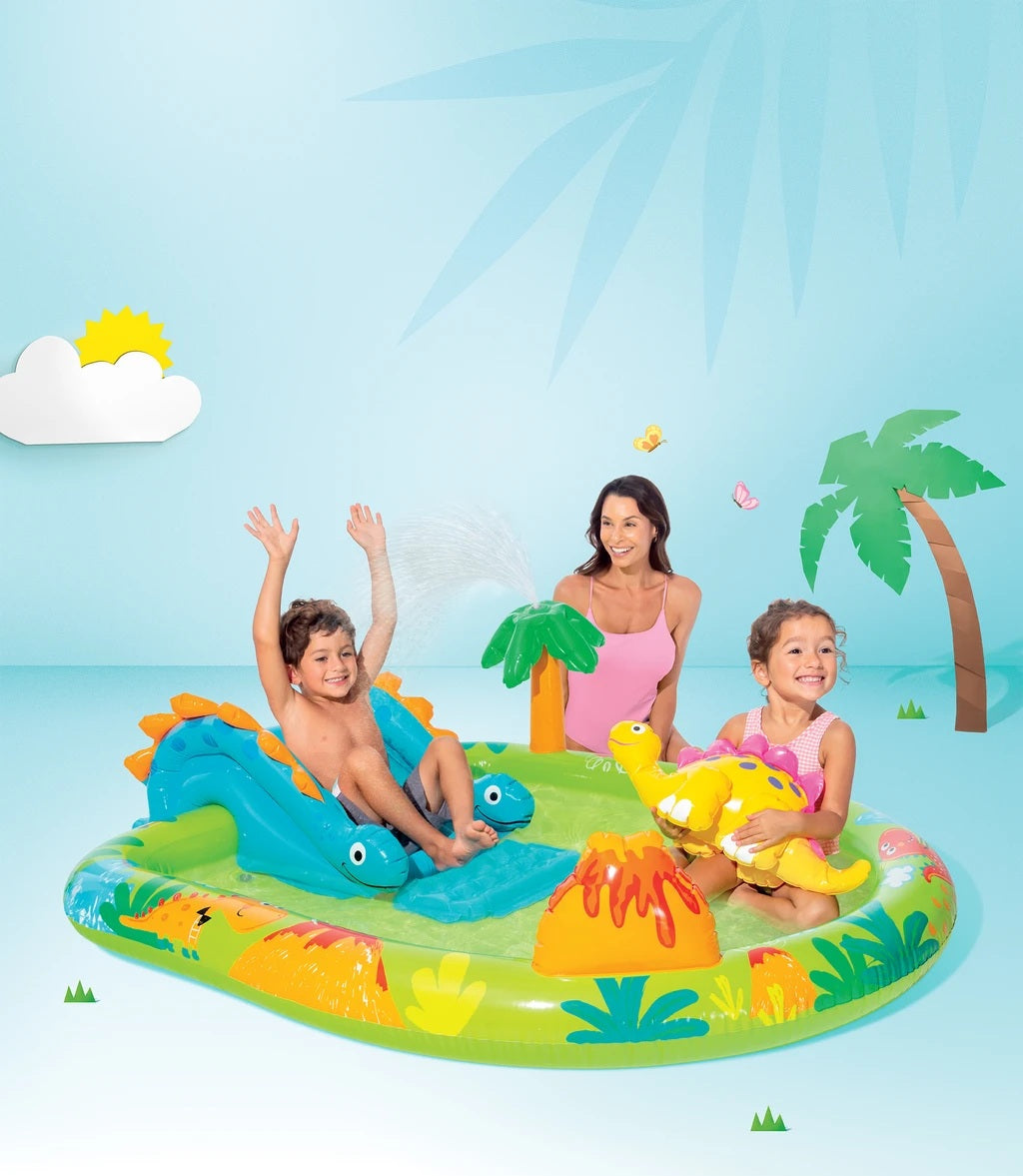 Inflatable island with dinosaur design on a blue background