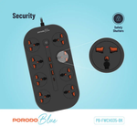Power strip with safety shutters on a blue background, featuring Porodo Blue branding.