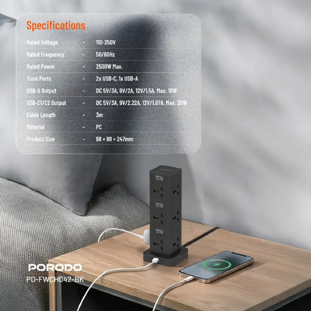 Power strip with multiple ports on a wooden table, connected to a smartphone and cable, with specifications displayed.