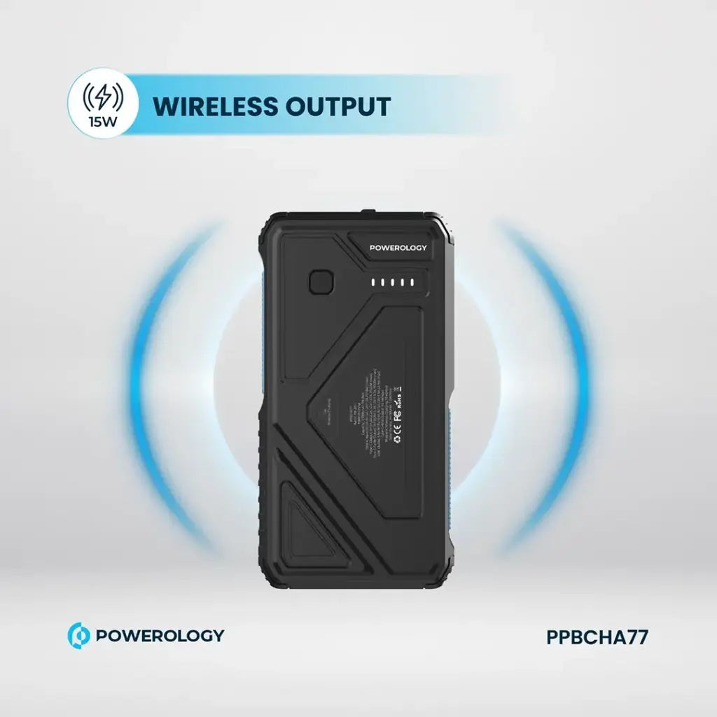 Black power bank with wireless output feature on a gray background