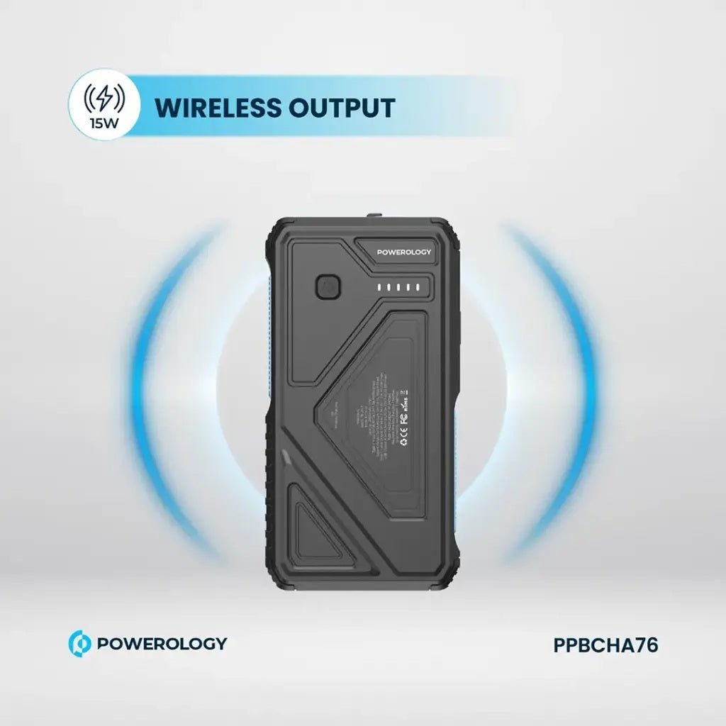 Black power bank with wireless output feature on a gray background, featuring Powerology branding.