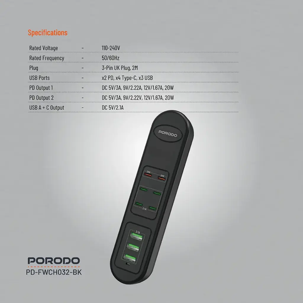 PORODO power adapter with specifications on a gray background