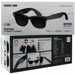 Box of Green Lion Rayna AI Smart Glasses with product details on a white background