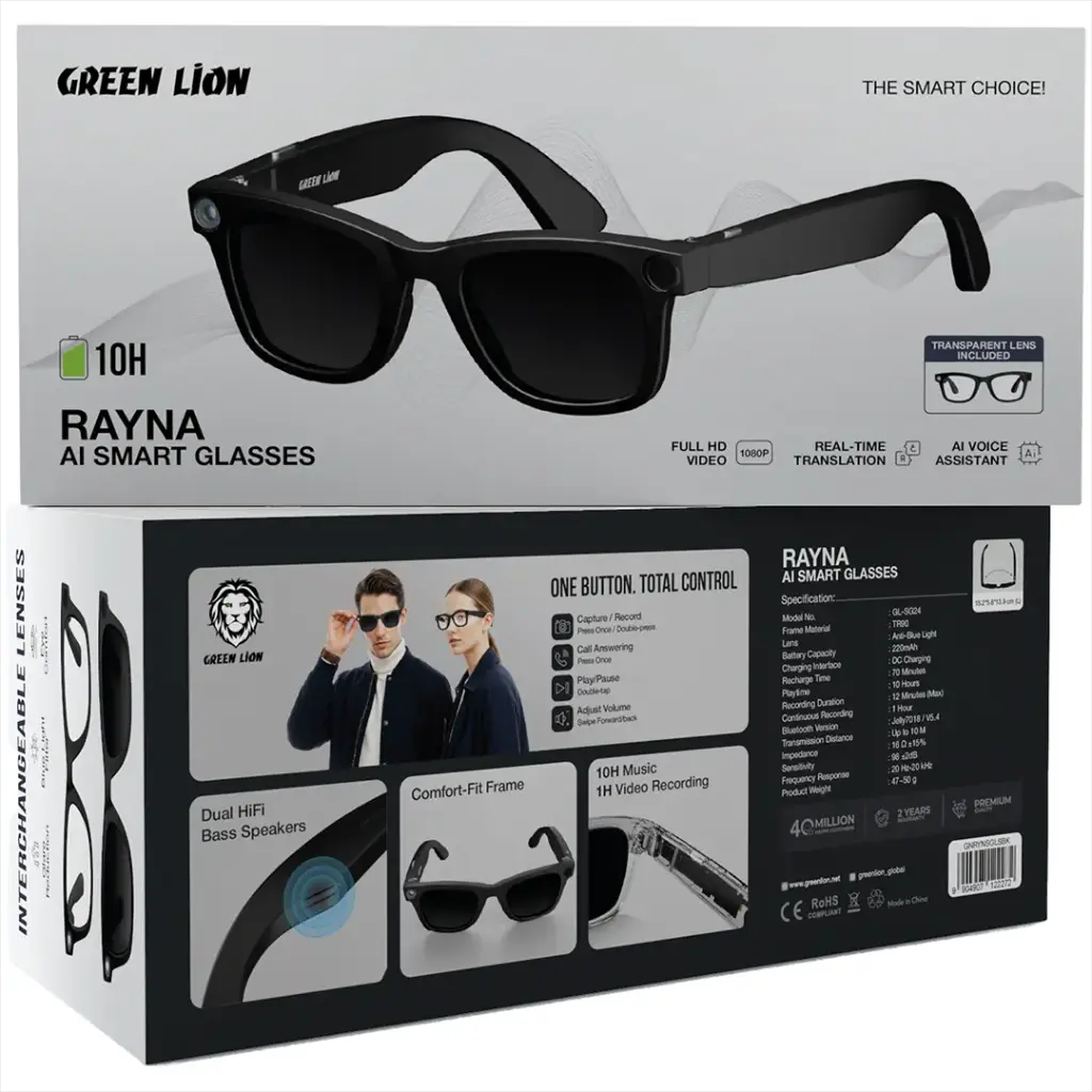 Box of Green Lion Rayna AI Smart Glasses with product details on a white background