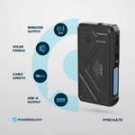 Black power bank with features highlighted on a light gray background